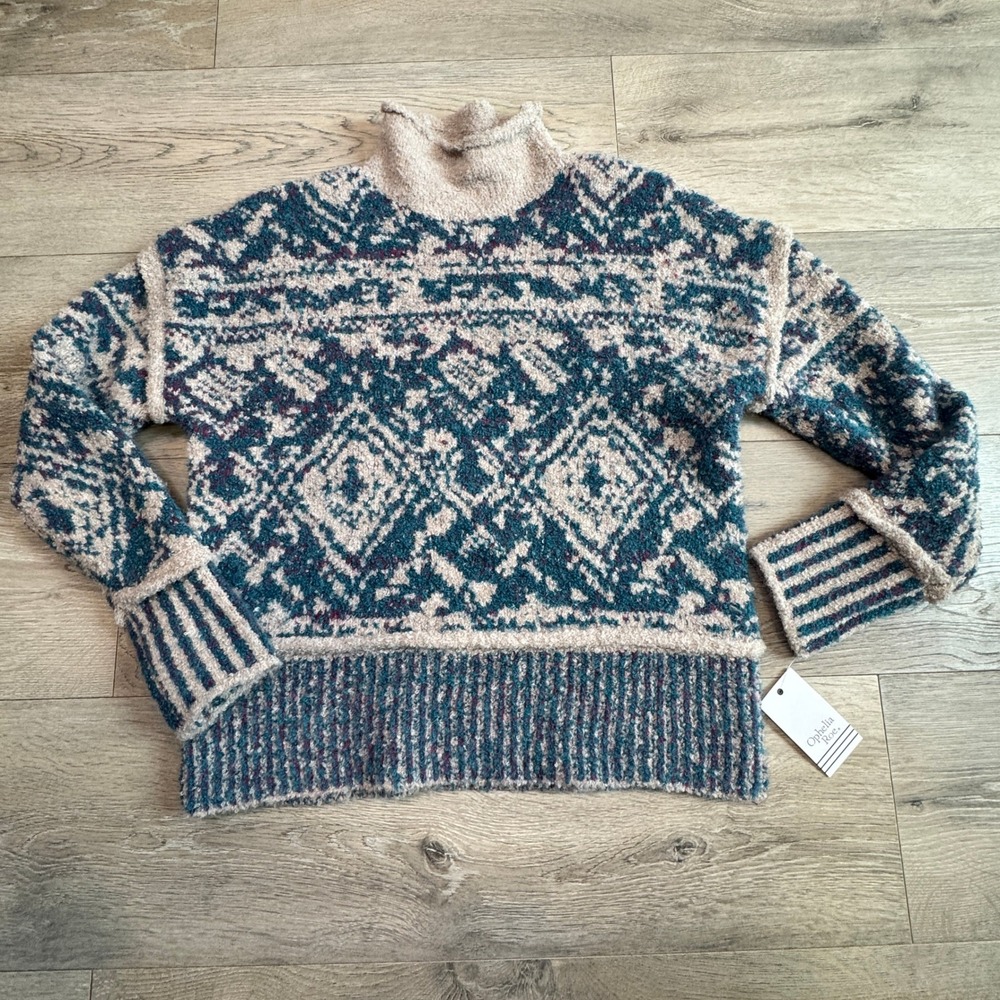 NWT Ophelia Roe Womens Fair Isle Mock Neck Sweater Teal Cream Size Small